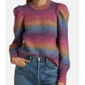 Anthropologie Design History Magenta Rainbow Puff Sleeve Ombre Knit Sweater SZ M